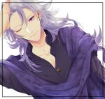  1boy black_shirt collarbone collared_shirt fate/grand_order fate_(series) hair_between_eyes long_hair looking_at_viewer male_focus merlin_(camelot_&amp;_co)_(fate) merlin_(fate) mfmfank official_alternate_costume purple_hair purple_scarf scarf shirt simple_background smile solo very_long_hair violet_eyes white_background 