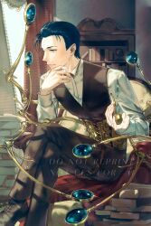  1boy absurdres black_bow black_bowtie black_hair black_pants black_vest blue_eyes blue_hair book bookshelf bow bowtie chair closed_mouth collared_shirt commentary_request crossed_legs fate/grand_order fate_(series) feet_out_of_frame foot_out_of_frame formal_clothes green_rar hair_slicked_back hand_on_own_chin hand_on_own_face head_rest highres holding indoors long_sleeves magnifying_glass male_focus pants profile sherlock_holmes_(fate) shirt shoes short_hair sitting smoking_pipe solo vest watermark white_shirt window 