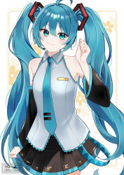  1girl absurdres aqua_eyes aqua_hair aqua_necktie aqua_trim black_skirt black_sleeves blush breasts bts_0809 closed_mouth commentary_request detached_sleeves grey_shirt hair_between_eyes hair_ornament hatsune_miku highres long_hair long_sleeves looking_at_viewer miniskirt necktie pleated_skirt shirt skirt sleeveless sleeveless_shirt small_breasts smile solo twintails very_long_hair vocaloid watermark wide_sleeves 