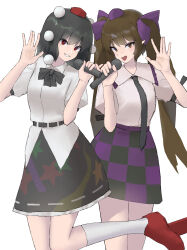  2girls absurdres black_hair black_necktie black_skirt breasts brown_hair checkered_clothes checkered_skirt collared_shirt commentary_request frilled_shirt_collar frills grin hat highres himekaidou_hatate long_hair looking_at_viewer missing_wings mori_dobonua_(mordvna) multiple_girls necktie open_mouth pointy_ears pom_pom_(clothes) puffy_short_sleeves puffy_sleeves purple_hat purple_skirt red_eyes red_hat ribbon-trimmed_skirt ribbon_trim shameimaru_aya shirt short_sleeves simple_background skirt small_breasts smile tokin_hat touhou twintails two-tone_skirt very_long_hair white_background white_shirt 