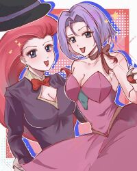  1boy 1girl blue_hair chinese_commentary commentary_request crossdressing crossdressing_(ftm) crossdressing_(mtf) dress hair_slicked_back james_(pokemon) jessie_(pokemon) looking_at_viewer pink_dress pokemon pokemon_(anime) pokemon_(classic_anime) red_hair smile team_rocket xinjinjumin8814316 
