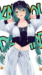  .live 1girl :d absurdres baggy_pants bell black_shirt blush braid braided_twintails breasts clothes_writing collarbone commentary_request contrapposto cowboy_shot cropped_jacket cropped_shirt drawstring french_braided_twintails glasses green-framed_eyewear green_eyes green_hair gyo_hasu hair_ribbon hands_up hat highres jacket jingle_bell kagura_suzu_(.live) large_breasts logo long_hair long_sleeves midriff multicolored_jacket navel open_clothes open_jacket open_mouth pants purple_hat ribbed_collar ribbon semi-rimless_eyewear shirt smile solo swept_bangs teeth text_background tied_drawstring track_jacket twintails two-tone_jacket under-rim_eyewear unzipped upper_teeth_only virtual_youtuber white_background white_pants zipper zipper_pull_tab 
