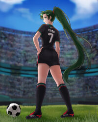  1girl absurdres adidas alternate_costume ass ball black_jersey black_shoes black_shorts black_socks blue_sky breasts closed_mouth clouds commentary commission earrings english_commentary fire_emblem fire_emblem:_the_blazing_blade from_behind from_below full_body grass green_eyes green_hair hand_on_own_hip hazuki_(nyorosuke) high_ponytail highres jewelry long_hair looking_at_viewer looking_down lyn_(fire_emblem) medium_breasts outdoors ponytail shoes short_sleeves shorts sky smile soccer_ball soccer_uniform socks solo sportswear stadium very_long_hair 