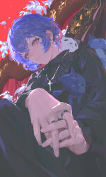  1girl absurdres ayanami_rei blue_hair closed_mouth commentary cross cross_necklace highres jewelry necklace neon_genesis_evangelion red_eyes ring short_hair solo stuffed_animal stuffed_toy untranslatable_commentary zigou 
