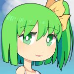  1girl :3 blue_background blush bow bright_pupils commentary daiyousei green_eyes green_hair hair_between_eyes hair_bow high_side_ponytail hospital_king long_bangs looking_at_viewer open_mouth portrait short_hair side_ponytail smile solo tank_top touhou white_pupils white_tank_top yellow_bow 