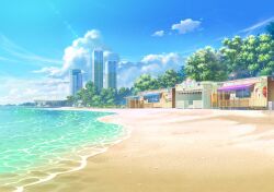  awning beach blue_archive blue_sky building cityscape cliff clouds cumulonimbus_cloud day foam food_stand forest game_asset horizon landscape lens_flare nature no_humans non-web_source ocean official_art outdoors railing ring_of_light_(blue_archive) ripples sand scenery shop shore sign sky skyscraper storefront sunlight tree water waves window 