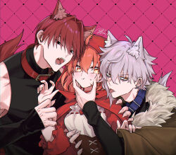  1girl 2boys ahoge animal_collar animal_ears big_bad_wolf big_bad_wolf_(cosplay) cloak collar commentary_request cosplay fate/grand_order fate_(series) fujimaru_ritsuka_(female) fur-trimmed_jacket fur_trim hair_intakes harada_sanosuke_(fate) highres hood hood_up hooded_cloak jacket kadoc_zemlupus little_red_riding_hood_(fairy_tale_character) little_red_riding_hood_(fairy_tale_character)_(cosplay) medium_hair multiple_boys nama_(namapigd) orange_eyes orange_hair red_cloak red_hood short_hair tongue tongue_out wolf_boy wolf_ears 