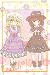  2girls :o arms_behind_back asymmetrical_sidelocks black_boots black_capelet black_hat black_skirt blonde_hair blush boots bow brown_eyes capelet closed_mouth collared_dress collared_shirt commentary_request cover cover_page doujin_cover dr.latency's_freak_report dress footwear_bow full_body hair_bow hat hat_bow high-waist_skirt highres kneehighs long_hair long_sleeves maribel_hearn medium_hair mika_(alquermes) mob_cap multiple_girls neck_ribbon open_mouth purple_dress red_ribbon reitaisai ribbon shirt shirt_tucked_in sidelocks skirt smile socks standing star_(symbol) straight-on touhou twitter_username usami_renko white_bow white_hat white_shirt white_socks white_wrist_cuffs wrist_cuffs yellow_eyes 