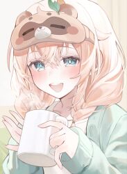  1girl absurdres blonde_hair blue_eyes blush braid cardigan character_print coffee coffee_mug commentary_request cup dot_nose from_side highres holding holding_cup hololive indoors kazama_iroha looking_at_viewer medium_hair morning mug open_cardigan open_clothes ru_airasuto shirt sleep_mask solo steam teeth twin_braids upper_body upper_teeth_only white_shirt 