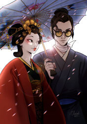  2girls akemi_(blue_eye_samurai) alasxegalei androgynous bandaged_neck bandages black_eyes black_hair black_kimono blue_eye_samurai blue_eyes brown_lips closed_mouth crossdressing crossdressing_(ftm) english_commentary eye_contact eyeshadow fingernails hair_bun hakama highres holding holding_umbrella japanese_clothes kimono looking_at_another makeup mizu_(blue_eye_samurai) multiple_girls pale_skin pink_eyeshadow red_hakama red_lips red_umbrella round_eyewear single_hair_bun smile tinted_eyewear umbrella white_background yellow-tinted_eyewear 
