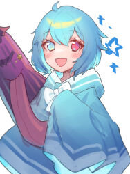  1girl alternate_costume blue_dress blue_eyes blue_hair blush bow bowtie commentary_request dress hair_between_eyes heterochromia highres karakasa_obake long_sleeves looking_at_viewer maesakichitose medium_hair one-hour_drawing_challenge open_mouth purple_umbrella red_eyes simple_background sleeves_past_fingers sleeves_past_wrists smile solo star_(symbol) tatara_kogasa touhou umbrella upper_body white_background white_bow white_bowtie wide_sleeves 