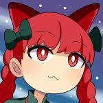  1girl :3 animal_ears blush bow braid bright_pupils cat_ears cat_girl closed_mouth commentary_request dress extra_ears green_bow green_dress hair_bow hospital_king kaenbyou_rin long_hair looking_at_viewer medium_bangs portrait red_eyes redhead smile snow snowing solo touhou twin_braids white_pupils 