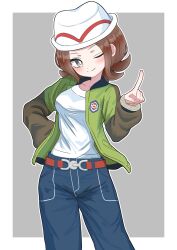  1girl absurdres belt blue_pants blush breasts brown_hair closed_mouth collarbone green_jacket grey_eyes harmony_(pokemon) hat highres index_finger_raised jacket jburtenmm26 long_sleeves medium_breasts one_eye_closed open_clothes open_jacket pants pokemon pokemon_legends:_z-a red_belt shirt short_hair simple_background smile white_hat white_shirt 