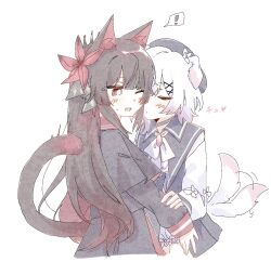  ! 2girls animal_ears beret black_hair black_hat black_shirt blush bright_pupils cat_ears cat_girl cat_tail chinese_commentary closed_eyes commentary_request commission dog_ears dog_girl dog_tail flower hair_flower hair_ornament hat highres imminent_kiss long_hair long_sleeves mahou_shoujo_no_majo_saiban multicolored_hair multiple_girls nikaido_hiro one_eye_closed open_mouth pink_hair red_eyes red_flower sakuraba_ema san_hua_xiao_mao_chu second-party_source shirt short_hair simple_background spoken_exclamation_mark tail tail_wagging white_background white_hair white_pupils x_hair_ornament yuri 