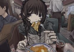  1girl absurdres bags_under_eyes black_eyes bracelet brown_hair camisole chain chain_bracelet chair cup dot_nose drinking_straw eating food fork frilled_hairband frills green_shirt gudon_udon hairband highres holding holding_fork holding_knife ice_cream indoors jewelry knife maple_syrup medium_hair original pancake people picture_frame plaid_clothes plaid_shirt plant plate potted_plant pov_across_table puffy_short_sleeves puffy_sleeves restaurant ring shirt short_sleeves sideways_glance sitting sprinkles syrup tile_floor tiles white_camisole window 