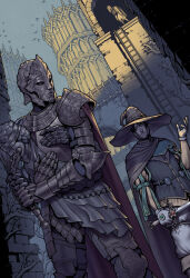  3boys arch architecture arm_at_side armor belt bird black_hair black_tunic boots brick brown_cloak brown_hat brown_trim building buttons cape capelet cloak closed_mouth commentary cuisses d_hunter_of_the_dead dutch_angle elden_ring english_commentary faulds from_below full_armor gatekeeper_gostoc gauntlets gem gido_(hinchel_or) gloves gold_armor green_capelet green_gem hand_up hat helmet highres holding holding_sword holding_weapon hunched_over ladder long_hair looking_at_another looking_back male_focus multiple_boys nose ornate_armor outdoors overgrown pants pauldrons plant_roots puffy_sleeves raised_inner_eyebrows red_cape short_hair shoulder_armor sky sorcerer_rogier standing sunset sword thigh_strap tunic weapon white_gloves white_hair white_pants wizard_hat 
