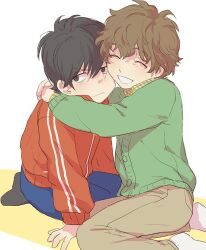  2boys averting_eyes black_eyes black_hair black_socks blue_pants brown_hair brown_pants cardigan child closed_eyes closed_mouth commentary_request full_body green_cardigan hiraga_keisuke hug isa_(peien516) jacket light_blush male_focus multiple_boys no_shoes odagiri_hidetoshi pants persona persona_3 plaid_clothes plaid_shirt red_jacket shirt short_hair simple_background sitting smile socks track_jacket white_background white_socks 