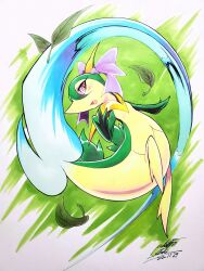  025aki bow clothed_pokemon colored_skin commentary_request dated green_skin highres leaf looking_at_viewer multicolored_skin no_humans open_mouth pink_bow pokemon pokemon_(creature) red_eyes servine signature solo two-tone_skin yellow_skin 