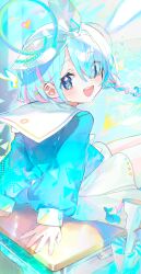  1girl :d absurdres animal_charm arm_support arona_(blue_archive) atsumi_jun ben-day_dots blue_archive blue_eyes blue_hair blue_halo blue_shirt bow bow_hairband braid character_name charm_(object) closed_umbrella commentary day desk dot_nose eyes_visible_through_hair from_behind hair_over_one_eye hairband halo heart highres light_blush long_sleeves looking_at_viewer looking_back miniskirt multi-source_commentary on_desk open_mouth sailor_collar school_desk screentones shirt short_braid short_hair side_braid single_braid sitting skirt smile solo star_(symbol) swept_bangs teeth triangle turning_head umbrella umbrella_gun upper_teeth_only white_bow white_hairband white_sailor_collar white_skirt 