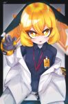  1girl absurdres black_border black_gloves black_shirt blonde_hair border claw_pose collared_shirt dress_shirt fangs gloves hair_between_eyes hand_up headset highres ine_2 jacket long_sleeves looking_at_viewer mochibe_(ine_2) off_shoulder open_clothes open_jacket orange_eyes orange_hair original parted_lips shirt short_eyebrows signature solo thick_eyebrows tongue tongue_out white_jacket 