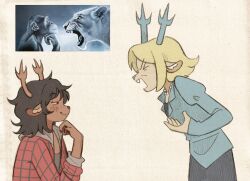  2girls animal_ears antlers blonde_hair blue_nose carol_holiday december_holiday deer_antlers deer_ears deer_girl deltarune design_speculation furry furry_female highres horns jewelry juliet_sleeves long_sleeves meme mother_and_child mother_and_daughter multiple_girls necklace parent_and_child pearl_necklace puffy_sleeves reindeer_girl shirt smile szivarvanyturmix02 utdr_(toby_fox) 