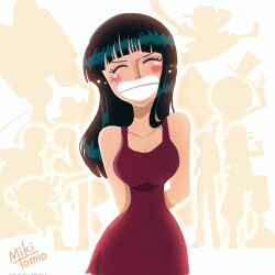  2girls 6+boys ^_^ afro antlers arms_behind_back ateliermiki black_hair blunt_bangs blush brook_(one_piece) closed_eyes commentary_request dress franky_(one_piece) happy_tears highres horns jinbe_(one_piece) long_hair long_nose monkey_d._luffy multiple_boys multiple_girls nami_(one_piece) nico_robin one_piece purple_dress reindeer_antlers roronoa_zoro sanji_(one_piece) signature smile straw_hat_pirates tears tony_tony_chopper usopp 