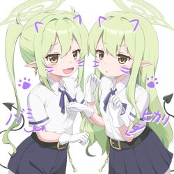  2girls absurdres alternate_hairstyle belt black_belt blue_archive blue_skirt commentary demon_tail face_filter gloves green_hair green_halo halo highres hikari_(blue_archive) long_hair looking_at_viewer mooramango multiple_girls neck_ribbon nozomi_(blue_archive) pleated_skirt pointy_ears purple_ribbon ribbon shirt simple_background skirt tail twintails white_background white_gloves white_shirt yellow_eyes 