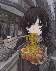  1girl absurdres artist_name bag barbell_piercing black_eyes brown_hair brown_shirt chopsticks city dot_nose earrings eating face_piercing food green_bag grey_shirt gudon_udon highres holding holding_chopsticks holding_with_chopsticks jewelry looking_at_viewer meat medium_hair mouth_piercing noodles original outdoors people piercing ramen shirt sign softboiled_egg striped_clothes striped_shirt traffic_cone utility_pole 