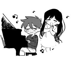  1boy 1girl blush chibi chibi_only closed_eyes commentary_request dark-skinned_male dark_skin double-parted_bangs grand_piano greyscale hair_behind_ear hair_between_eyes hero_(faraway)_(omori) hero_(omori) instrument konoito_nui long_hair long_sleeves mari_(omori) mari_(spirit)_(omori) monochrome musical_note omori open_mouth own_hands_together pants piano piano_bench playing_instrument playing_piano short_hair simple_background sitting sketch smile sweater 