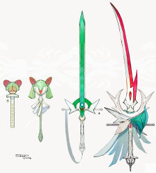  absurdres commentary_request dated gallade highres impasto kirlia mega_gallade mega_pokemon no_humans objectification pokemon ralts signature simple_background sukepmonster sword wand weapon weapon_focus 