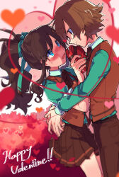 1boy 1girl @_@ alternate_costume belt blue_eyes blue_shirt blurry blurry_edges box bright_pupils brown_hair brown_necktie brown_pants brown_ribbon brown_skirt brown_trim brown_vest commentary_request embarrassed english_text face-to-face happy_valentine heart heart-shaped_box hetero high_ponytail highres hilbert_(pokemon) hilda_(pokemon) holding holding_box hug long_sidelocks long_sleeves looking_at_another looking_up neck_ribbon necktie pants pink_background pleated_skirt pokemon pokemon_black_and_white ponytail ribbon shirt sidelocks skirt toume valentine vest white_pupils 
