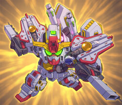  beam_cannon chibi commentary_request energy_gun extra_eyes glowing glowing_eyes green_eyes gun gundam gundam_thunderbolt holding holding_energy_gun holding_gun holding_weapon mecha mecha_focus mobile_suit no_humans pink_eyes robot shield solo susagane thunderbolt_gundam v-fin weapon weapon_on_back 
