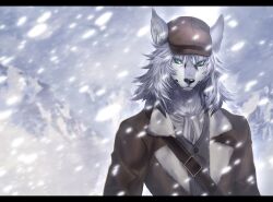  1boy animal_ears brown_hat brown_jacket closed_mouth commentary fate/grand_order fate_(series) fur-trimmed_jacket fur_trim furry furry_male grey_fur grey_hair hat highres inodogs jacket looking_at_viewer male_focus mountain mountainous_horizon patxi_(fate) snow wolf_boy wolf_ears 
