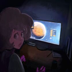  1girl colored_skin commentary desk highres lips monitor painterly pink_diamond_(steven_universe) pink_lips pink_skin rimworld solo steven_universe upper_body user_rkhf8887 