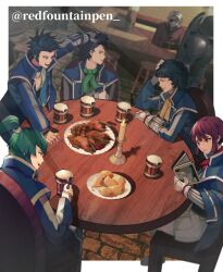  1girl 5boys absurdres ascot black_hair blue_coat blunt_bangs blunt_sidelocks border brick_floor brown_eyes candle candlestand chair coat coat_on_shoulders collared_coat commentary counter cup curly_hair dinner elbow_rest english_commentary eyepatch flynn_(megami_tensei) food gauntlets green_eyes green_hair green_scarf hand_on_own_head hand_on_table high_ponytail highres indoors isabeau_(megami_tensei) jonathan_(megami_tensei) jumpsuit k_(megami_tensei) lapels long_sleeves making-of_available manga_(object) mug multiple_boys navarre_(megami_tensei) on_chair plate pompadour ponytail red_eyes red_hair redfountainpen round_table scarf shin_megami_tensei shin_megami_tensei_iv short_hair short_jumpsuit sidelocks single_gauntlet sitting stool table tankard tavern twitter_username walter_(megami_tensei) white_border white_jumpsuit wooden_table yellow_ascot 