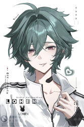  1boy aqua_hair chaerom character_name commentary genshin_impact grey_eyes highres jacket lohen_(genshin_impact) long_sleeves male_focus mouth_hold multicolored_eyes short_hair solo track_jacket white_jacket 