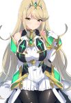  1girl absurdres bare_shoulders black_pantyhose blonde_hair breasts chest_jewel dress drop_earrings earrings elbow_gloves gloves highres jewelry large_breasts latte light_blush long_hair microskirt mythra_(massive_melee)_(xenoblade) mythra_(xenoblade) pantyhose short_dress sitting skirt sleeveless sleeveless_dress solo swept_bangs tiara very_long_hair white_dress white_gloves white_skirt wide_hips xenoblade_chronicles_(series) xenoblade_chronicles_2 yellow_eyes 