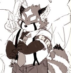  1boy armband closed_eyes commentary_request flute furry furry_male greyscale highres holding holding_flute holding_instrument instrument male_focus monochrome necktie pants playing_instrument recorder short_sleeves solo suspenders ta_me_ba tokyo_afterschool_summoners zhurong_(housamo) 