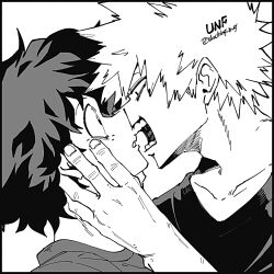  2boys adam's_apple artist_name bakugou_katsuki black_border boku_no_hero_academia border collarbone commentary_request crew_neck eye_contact eyebrows_hidden_by_hair face-to-face freckles from_side grabbing_another's_face greyscale hand_on_another's_cheek hand_on_another's_face hand_up hatching_(texture) head_grab highres implied_yaoi linear_hatching looking_at_another male_focus midoriya_izuku monochrome multiple_boys nikaidou_iroha no_pupils open_mouth parted_lips partial_commentary portrait profile shirt short_hair simple_background spiky_hair t-shirt twitter_username white_background 