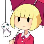  1girl blonde_hair blue_eyes blunt_bangs blush bob_cut buttons commentary_request holding holding_umbrella hospital_king kuroki_tomoko long_sleeves medium_bangs open_mouth red_shirt red_umbrella shirt simple_background smile solid_oval_eyes solo teruterubouzu uchi_emiri umbrella upper_body watashi_ga_motenai_no_wa_dou_kangaetemo_omaera_ga_warui! white_background 