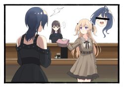  bang_dream! bang_dream!_our_notes black_choker black_dress black_hair black_ribbon blonde_hair brown_dress cafe choker commentary_request counter dress grey_hair hair_ornament highres hsiao_yeh long_hair long_sleeves make_heroine_ga_oo_sugiru! medium_hair o-ring o-ring_choker off-shoulder_dress off_shoulder pov_across_table ribbon shiina_taki shinomiya_shizuku shirt simple_background table two_side_up violet_eyes white_background white_hair wolf_cut yakura_yomogi yanami_anna 