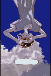  1boy arms_up bandage_over_one_eye bandaged_head bandages black_hair blank_speech_bubble blue_sky clouds collarbone commentary english_commentary highres hospital_gown nill_(nill) omori open_mouth revision short_hair short_sleeves sky solo speech_bubble spoilers sunny_(hospital_gown)_(omori) sunny_(omori) twitter_username upside-down 