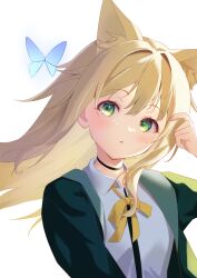  1girl animal_ears arknights blonde_hair bow bowtie bug butterfly collared_shirt commentary_request eyelashes floating_hair green_eyes green_jacket hand_up head_tilt jacket long_hair open_clothes open_jacket podenco_(arknights) shirt sidelocks simple_background solo upper_body white_background white_shirt yellow_bow yellow_bowtie yuuno_(u_no_0908) 