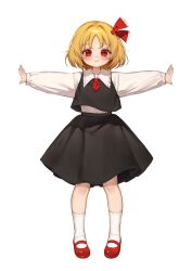  1girl absurdres ascot black_skirt black_vest blonde_hair blush closed_mouth collared_shirt commentary_request frilled_shirt_collar frills full_body hair_ribbon highres long_sleeves looking_at_viewer mary_janes medium_hair outstretched_arms qiu_ju red_ascot red_eyes red_ribbon red_shoes ribbon rumia shirt shoes simple_background skirt skirt_set socks solo spread_arms touhou vest white_background white_shirt white_socks 