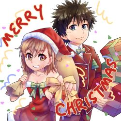  1boy 1girl :d asymmetrical_bangs bare_shoulders black_hair blue_eyes bow bowtie box brown_eyes brown_hair christmas closed_mouth collarbone collared_shirt commentary cowboy_shot dress fang gift gift_bag gift_box green_necktie grin hat holding holding_gift incoming_gift jacket kamijou_touma light_blush looking_at_viewer medium_hair merry_christmas misaka_mikoto necktie pants red_dress red_jacket red_pants santa_costume santa_dress santa_hat shirt short_hair skin_fang sleeveless sleeveless_dress smile spiky_hair strapless strapless_dress striped_clothes striped_necktie toaru_majutsu_no_index tobe! two-tone_necktie untranslatable_commentary upper_body v-shaped_eyebrows white_background white_shirt 