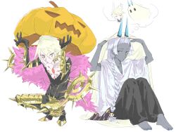  2boys arjuna_(fate) arjuna_alter_(fate) arjuna_alter_(over_the_same_sky)_(fate) barefoot bed_sheet black_pants blonde_hair blue_eyes blue_horns braid chest_jewel colored_skin commentary_request dark-skinned_male dark_skin earrings fate/grand_order fate_(series) grey_eyes grey_skin hair_between_eyes highres holding holding_sheet horns jack-o'-lantern jewelry karna_(fate) kokowashadowmidori long_hair looking_at_viewer male_focus multiple_boys pale_skin pants pumpkin sheet_ghost shirt simple_background sitting speech_bubble spikes squatting thought_bubble white_background white_hair 