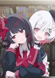  2girls :d armband beret black_capelet black_choker black_coat black_hair black_hat black_shirt book bookshelf capelet choker closed_mouth coat collared_coat collared_shirt crown flower flower-trimmed_sleeves gradient_hair hair_flower hair_ornament hat hat_flower hat_ribbon head_on_hand highres long_hair long_sleeves mahou_shoujo_no_majo_saiban mini_crown mira-snow-white multicolored_hair multiple_girls necktie nikaido_hiro open_mouth pink_eyes pink_hair plaid_armband plaid_clothes plaid_necktie red_armband red_eyes red_flower red_necktie ribbon sakuraba_ema shirt short_hair side_capelet sleeveless sleeveless_coat smile white_flower white_hair white_shirt white_sleeves x_hair_ornament 