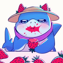  1boy chewing closed_eyes derivative_work eating english_commentary fins fish_tail food fruit hat highres holding holding_food holding_fruit jeff_the_land_shark looking_at_viewer marvel marvel_rivals shark shark_fin shark_tail strawberry tail white_background wyleswelkin 