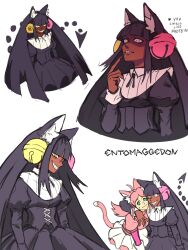  2girls animal_ears arm_around_neck artist_name averting_eyes bell bell_ear_ornament black_dress black_hair cat_ears cat_girl collar commentary cowboy_shot cropped_torso dark-skinned_female dark_skin deltarune dress english_commentary english_text entomaggedon evil_grin evil_smile finger_to_mouth friend_(deltarune) grin heterochromia highres hug long_hair looking_at_another looking_to_the_side mad_mew_mew multiple_girls multiple_views personification pink_dress pink_eyes smile sweat tail upper_body utdr_(toby_fox) very_long_hair white_background white_collar yellow_eyes 