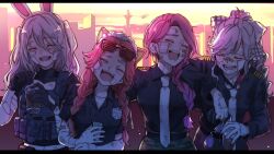  4girls animal_ear_hairband animal_ears bandaid bandaid_on_arm bandaid_on_face bandaid_on_hand bandaid_on_neck belt black_gloves black_shirt blue_streaks braid braided_ponytail breasts bulletproof_vest cat_ears cityscape cleavage_cutout closed_eyes clothing_cutout collared_shirt commentary_request drink earrings elbow_on_another's_shoulder evening eyewear_on_head fake_animal_ears gloves hairband highres holding holding_drink holding_removed_eyewear hoop_earrings ishigami_nozomi jewelry kuramochi_meruto kyouno laughing long_hair long_sleeves low_twin_braids maid_headdress medium_breasts midriff_peek multicolored_hair multiple_girls navel_peek necktie nijisanji nijisanji_gta open_mouth outdoors pink_hair police police_uniform ponytail pouch rabbit_ear_hairband rabbit_ears red_streaks shirt shirt_tucked_in shishido_akari short_sleeves side_ponytail smile sophia_valentine streaked_hair twin_braids two_side_up unworn_eyewear virtual_youtuber white_necktie 